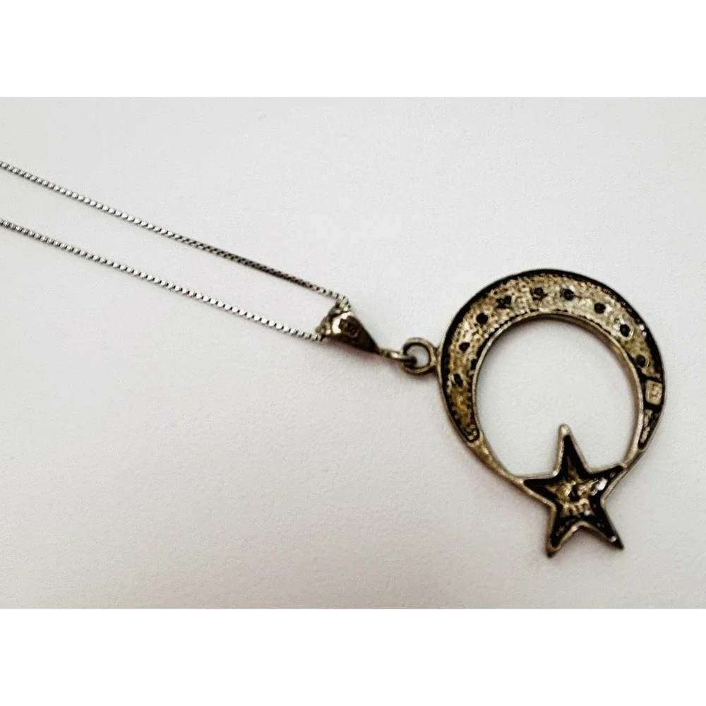 925 Sterling Silver Moon Star CZ Pendant Necklace + Layered Charm Chain‎ Set